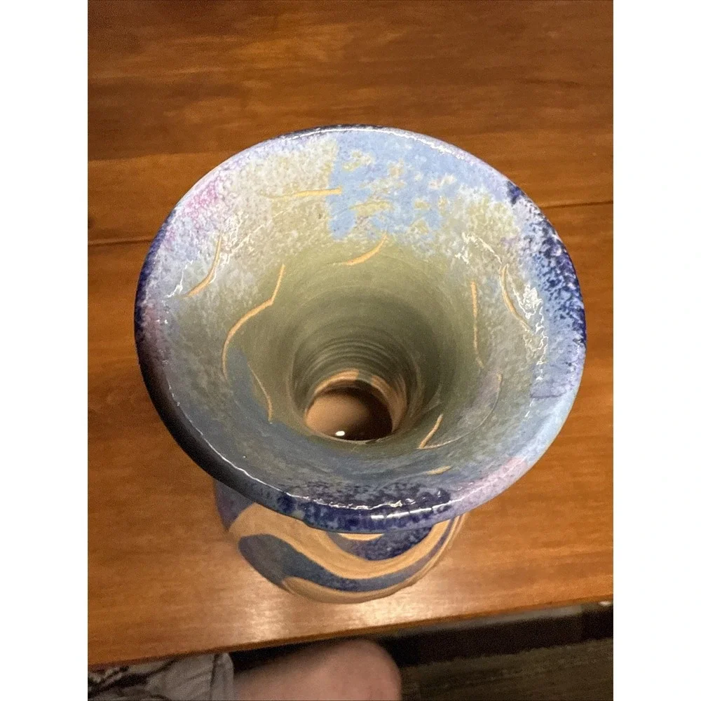 VTG‎  Jamaica Wassi Art Vase Carved Rare Pottery 9 Inches Blue/Tan Abstract 2001